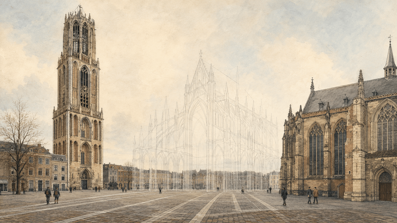 View across Domplein between Utrecht’s Dom Tower and Dom Church, with paving marking the footprint of the cathedral’s missing nave.