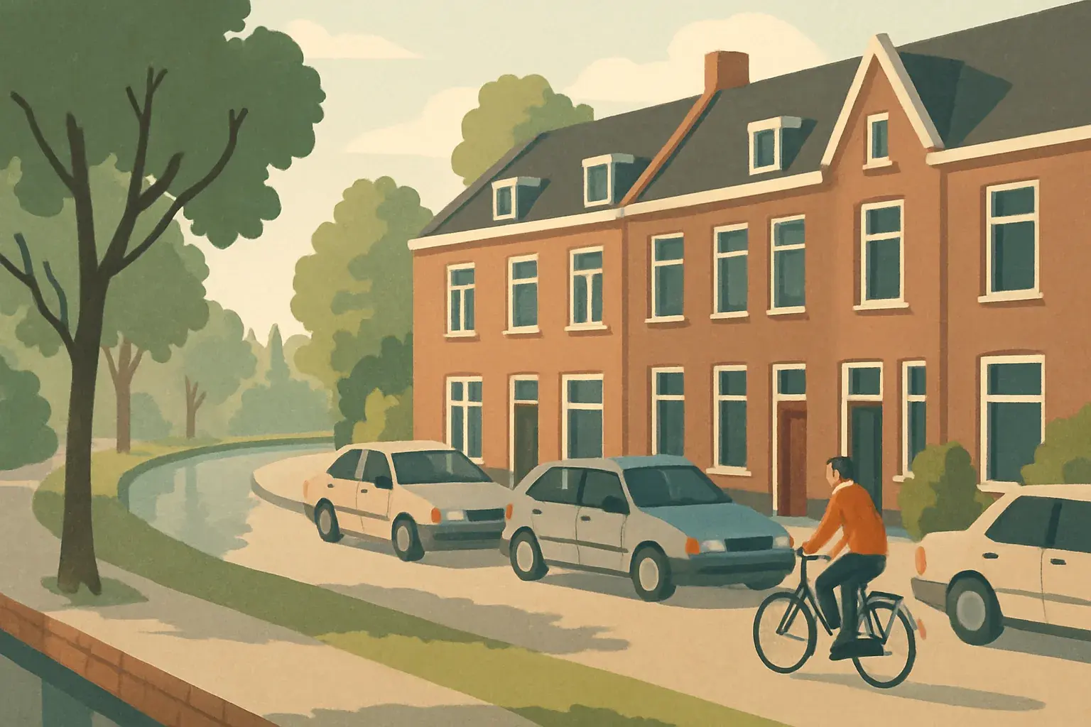 A quiet Utrecht residential street with a few older cars parked beside a tree-lined canal and a cyclist riding past brick houses, in a soft illustrated style.