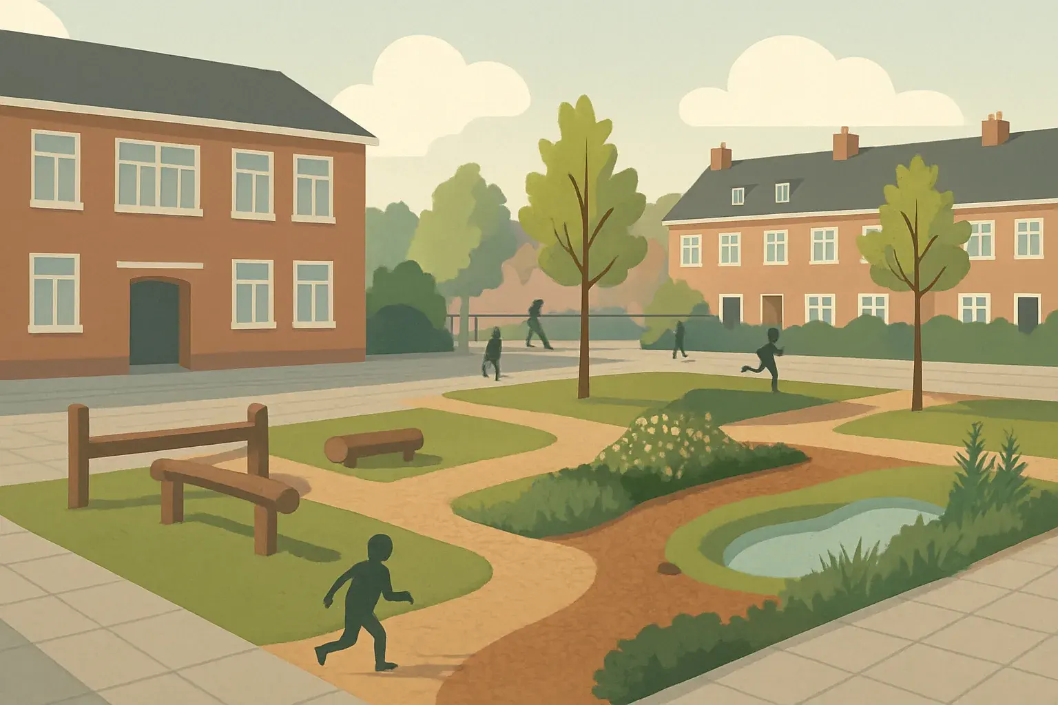 A primary-school playground where part of the paving has been replaced by grass, a small planted area and a shallow rainwater basin, with wooden play equipment and trees.