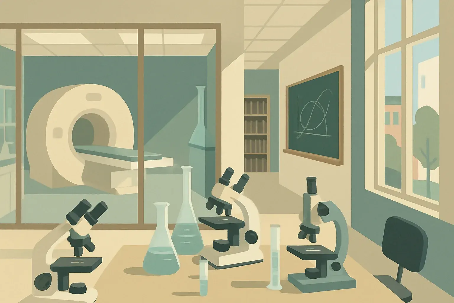 An illustrated university laboratory and lecture-hall scene with researchers' workbenches, an MRI scanner and shelves of notebooks in soft daylight.