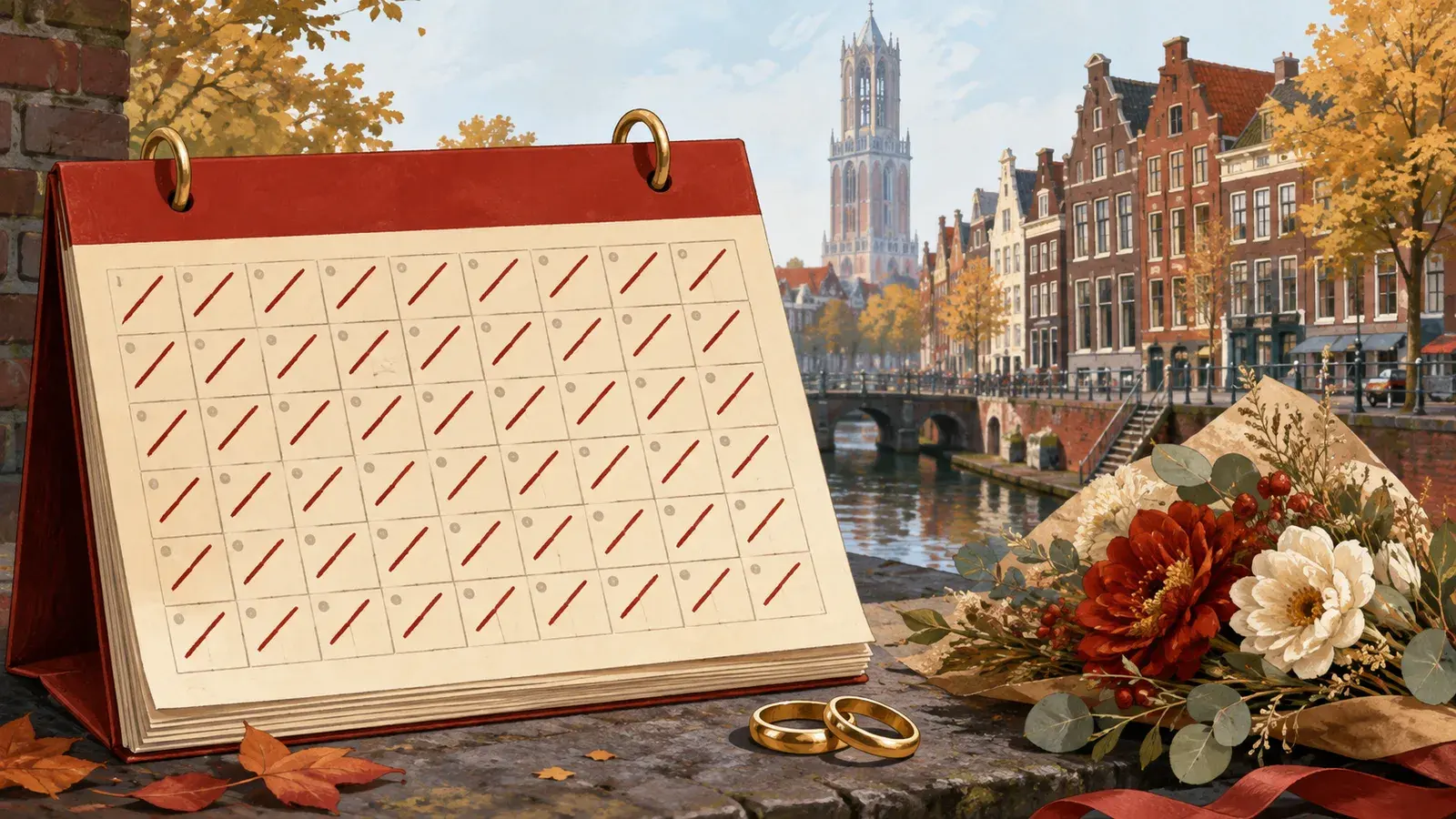 An illustrated calendar with every date crossed out beside two wedding rings and a bouquet, with Utrecht's canal houses and Dom Tower behind it.
