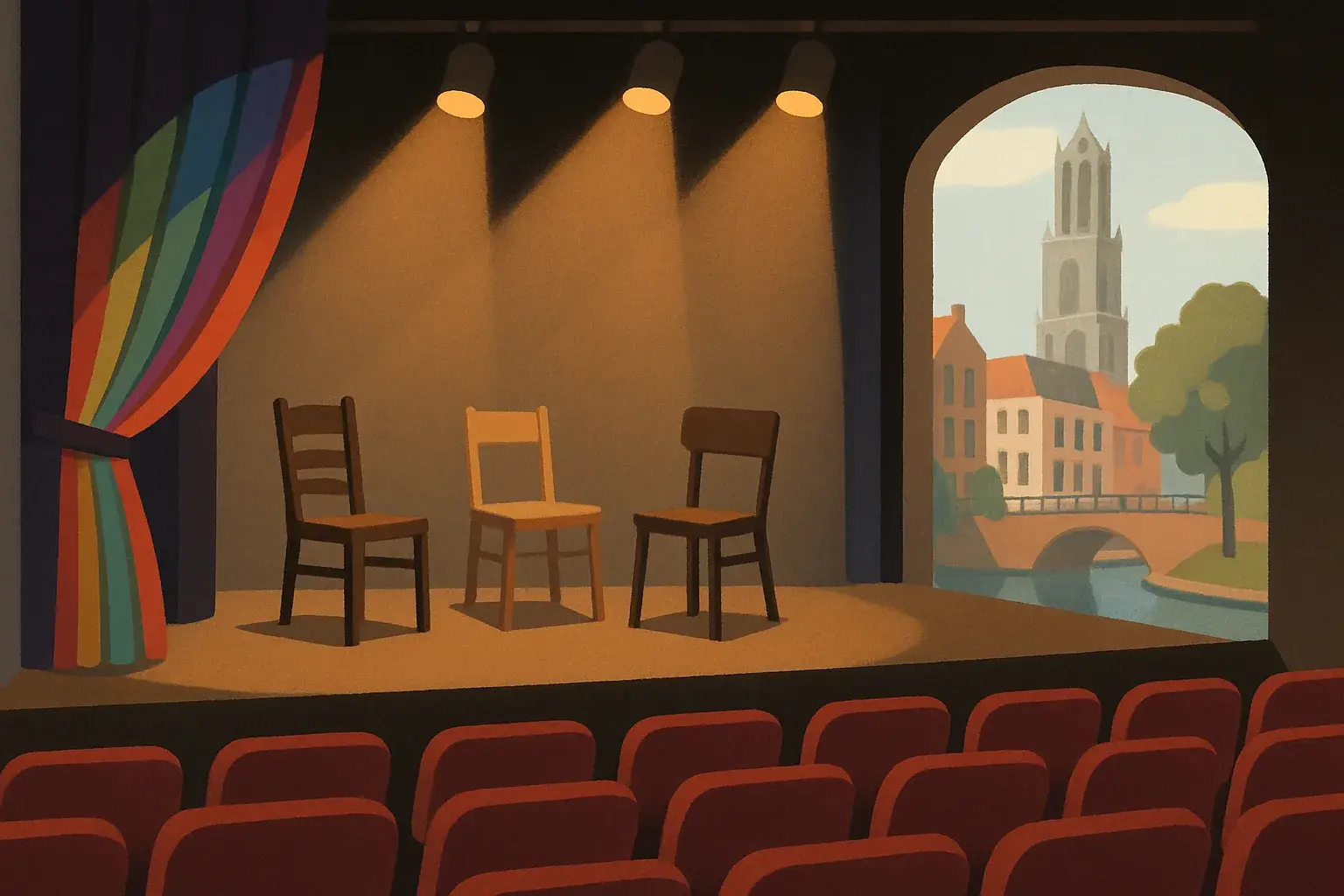 An empty theatre stage with warm lights, rows of empty seats and a rainbow-coloured curtain partly drawn, in a stylised illustration.
