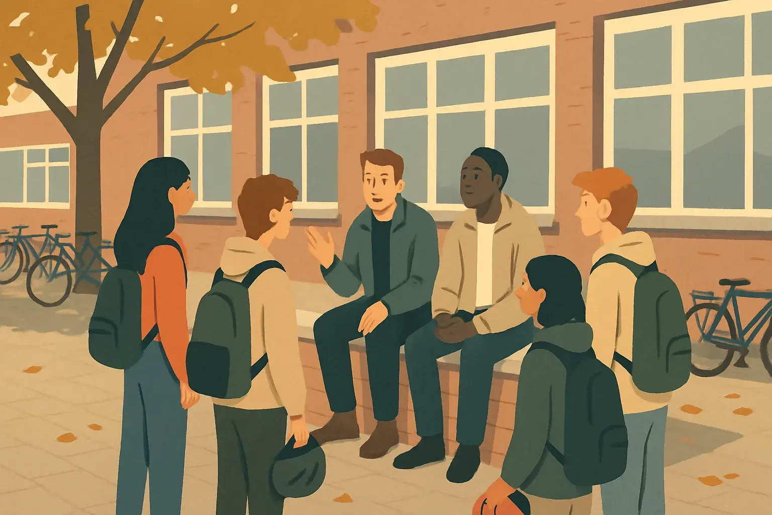 An illustration of two youth workers talking with a group of teenagers on a bench in a schoolyard beside a brick school building in autumn light.